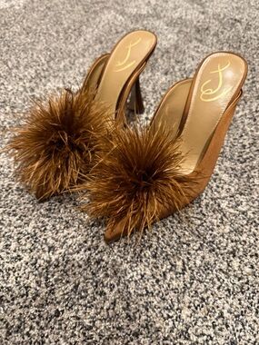 Brown Feather Pom-Pom Mule Heels